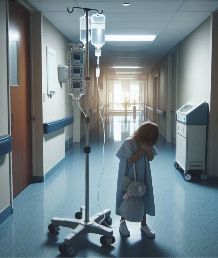 Child burdened by IV pole